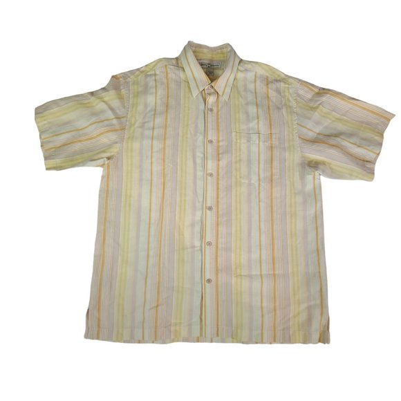 Tommy Bahama Shirt Mens Large Yellow Linen Short Sleeve Relax Tropical Camp - Picture 1 of 9